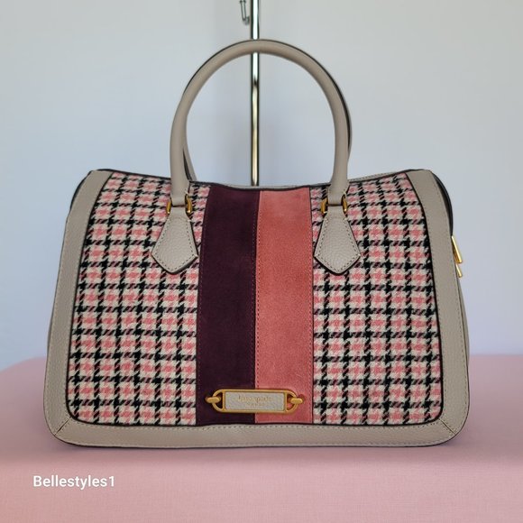 KATE SPADE Gramercy Racing Stripe Plaid Twill Medium Satchel-Mushroom Multi ⭐ - Picture 6 of 16